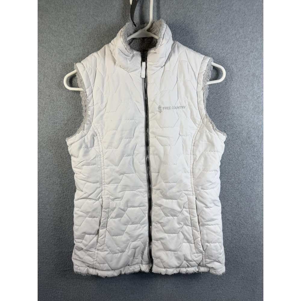 Free Country Vest Womens Small White Quilted Faux Fur Lined Zip Pockets Warm